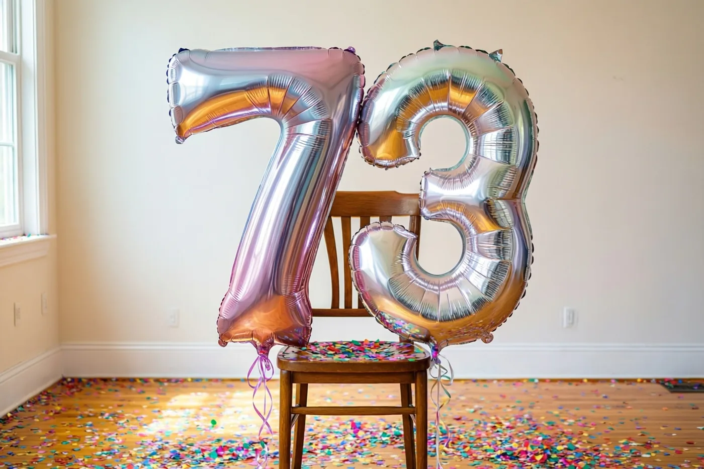 Metalen cijferballonnen in de vorm van 7 en 3 zijn vastgemaakt aan een houten stoel, met kleurrijke confetti op de vloer en daglicht door een raam.