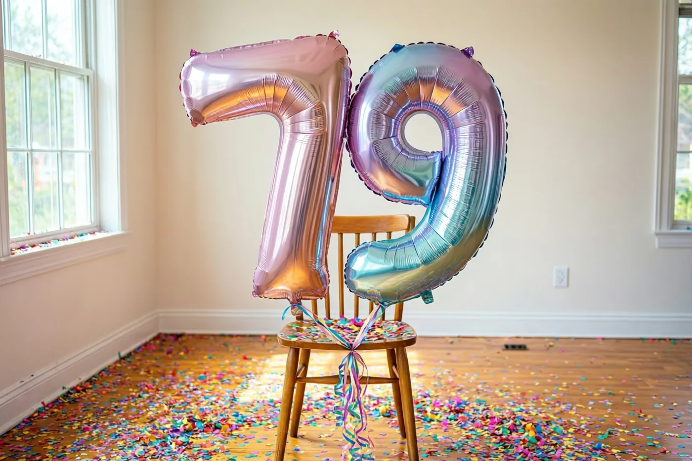 Twee grote folieballonnen in de vorm van een 7 en een 9 hangen aan een houten stoel, met kleurrijke confetti op de vloer en daglicht door de ramen aan weerszijden.