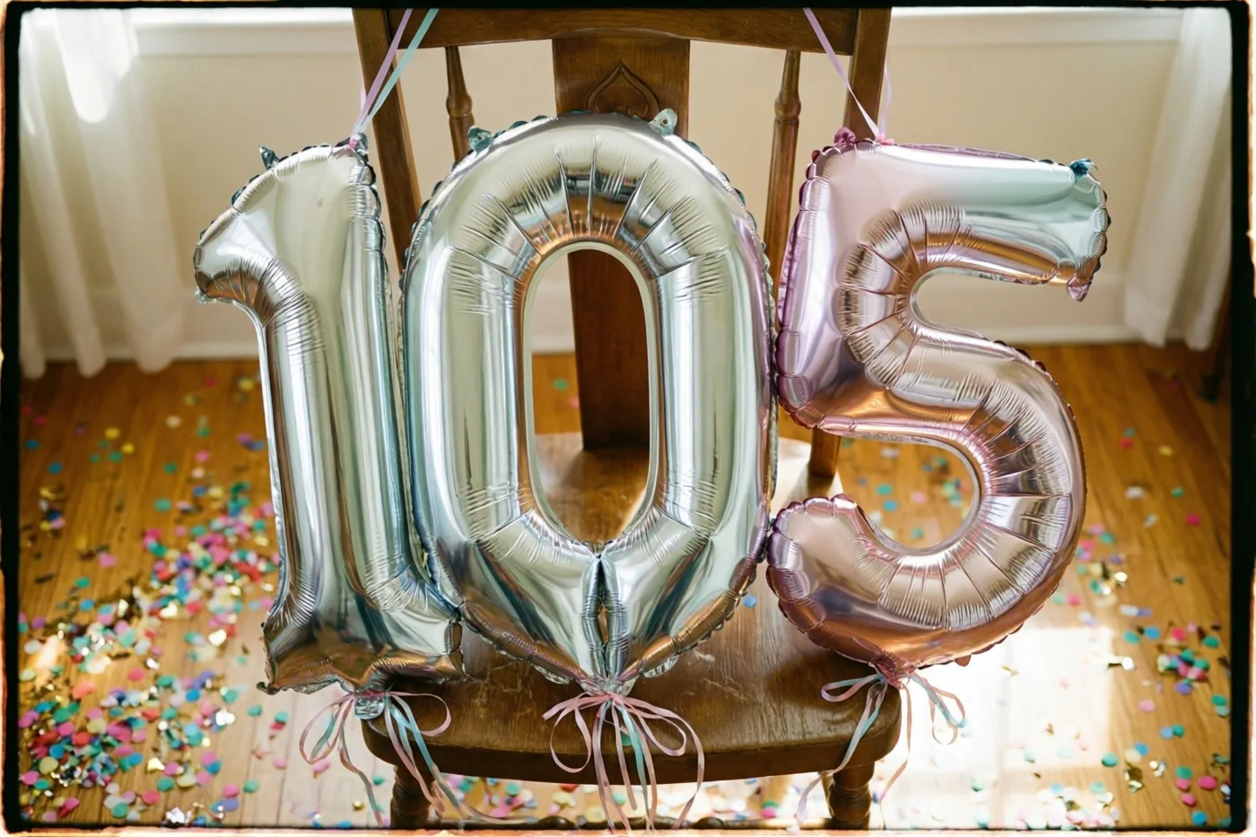Drie glanzende cijferballonnen in zilver en pasteltinten vormen samen 105 en zijn vastgebonden aan een houten stoel in een lichte kamer met kleurrijke confetti op de houten vloer.
