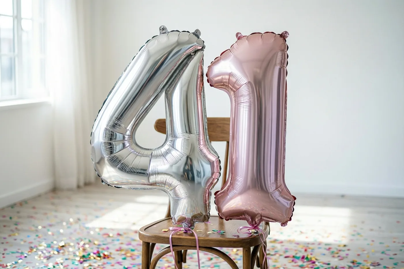 Twee grote folieballonnen vormen 41 aan een houten stoel in een lichte kamer met kleurrijke confetti en tinten van zilver, roségoud en wit.