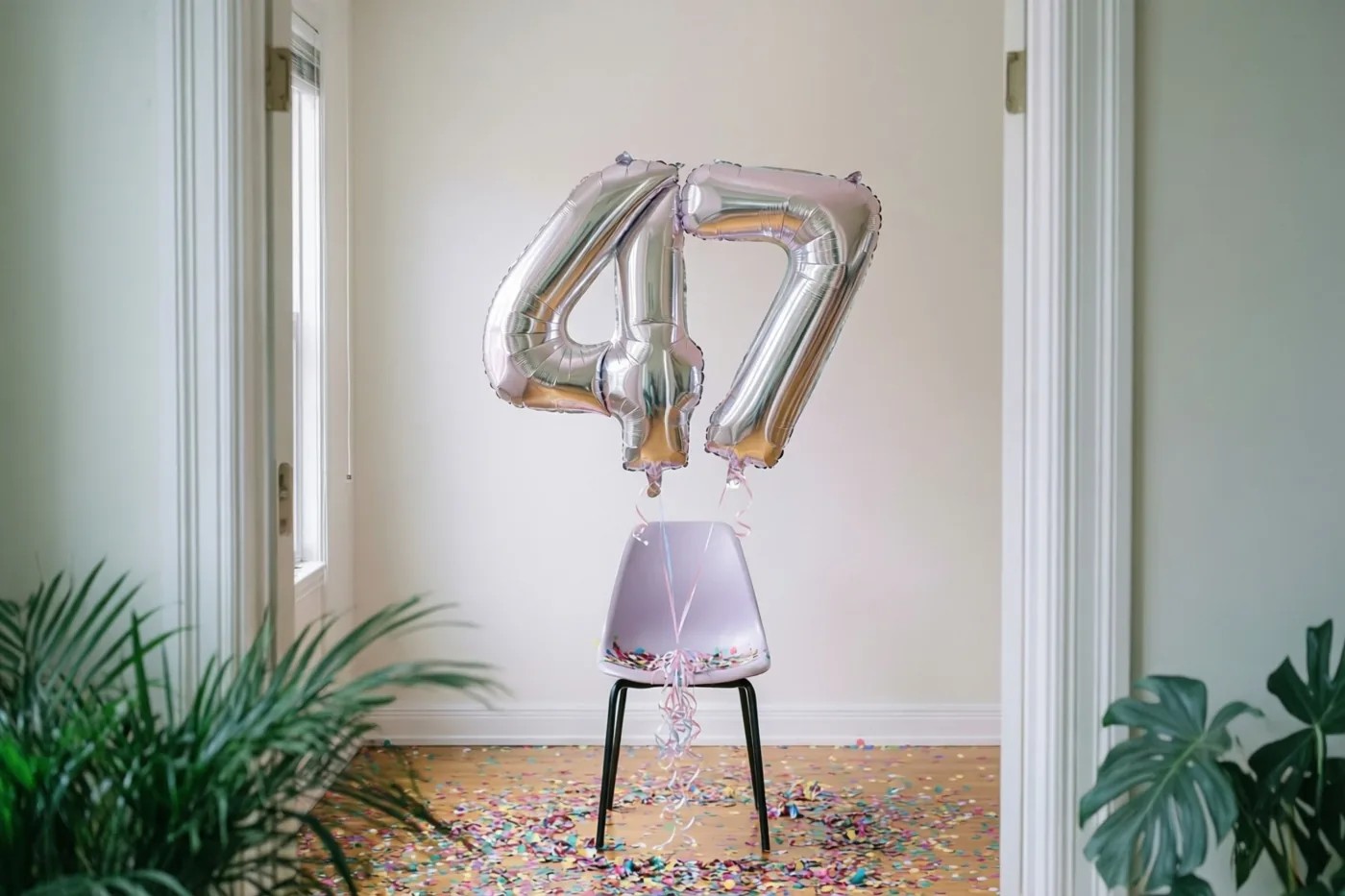 Zilveren en pastelkleurige ballonnen vormen 47 aan een lichtpaarse stoel in een lichte kamer met witte muren, groene planten en confetti op de houten vloer.