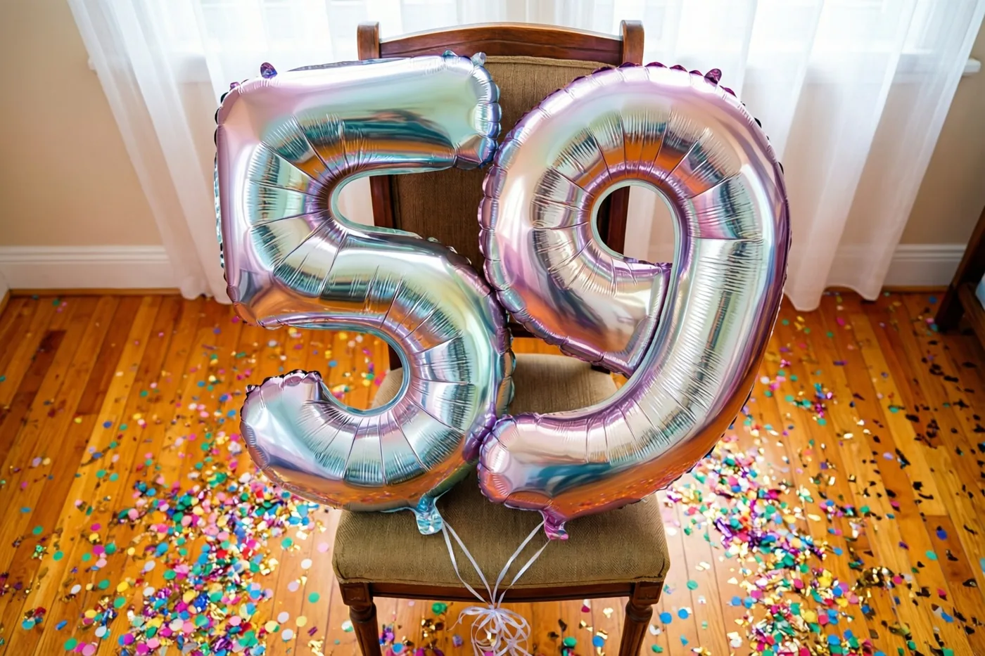Zilveren cijferballonnen 59 met wisselende pasteltinten hangen aan een houten stoel in een lichte kamer met confetti op de houten vloer en daglicht door doorschijnende gordijnen.