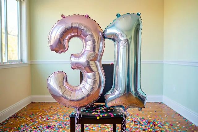 Metaalglanzende cijferballonnen 3 en 1 zijn aan een stoel vastgemaakt in een lichte kamer met pastelkleurige muren en kleurrijke confetti op de vloer.
