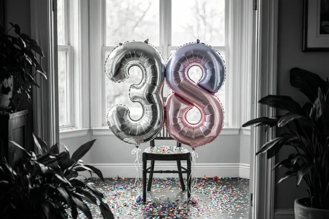 Folieballonnen in de vorm van 3 en 8 zijn aan een stoel vastgemaakt in een lichte kamer met confetti, voor een raam met witte omlijsting en potplanten aan weerszijden.