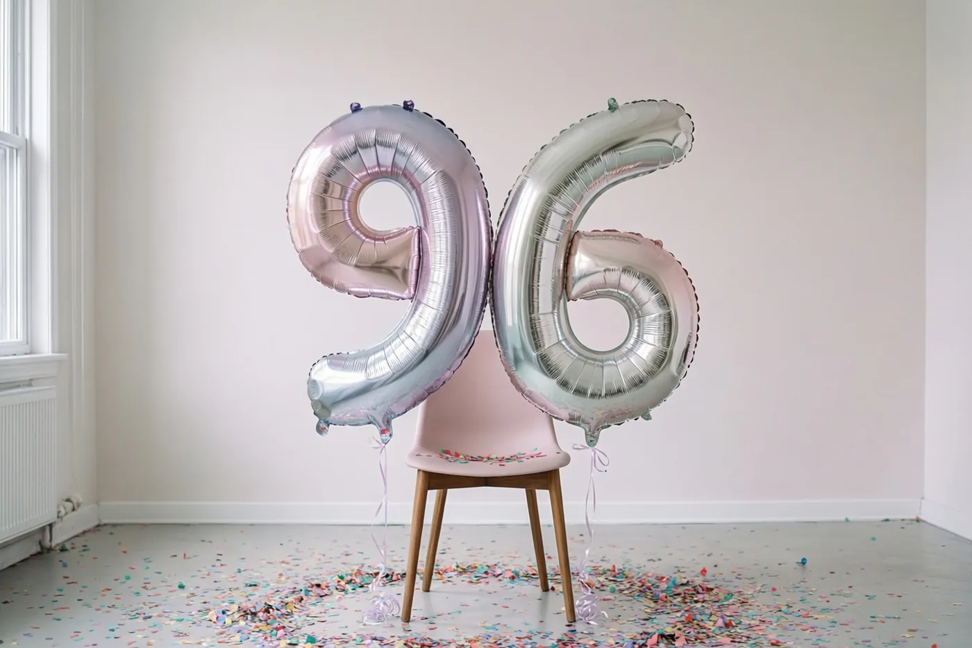 Grote folieballonnen in de vorm van een 9 en een 6 zijn vastgemaakt aan een roze stoel in een lichte, sobere kamer met confetti op de vloer en daglicht uit een raam.