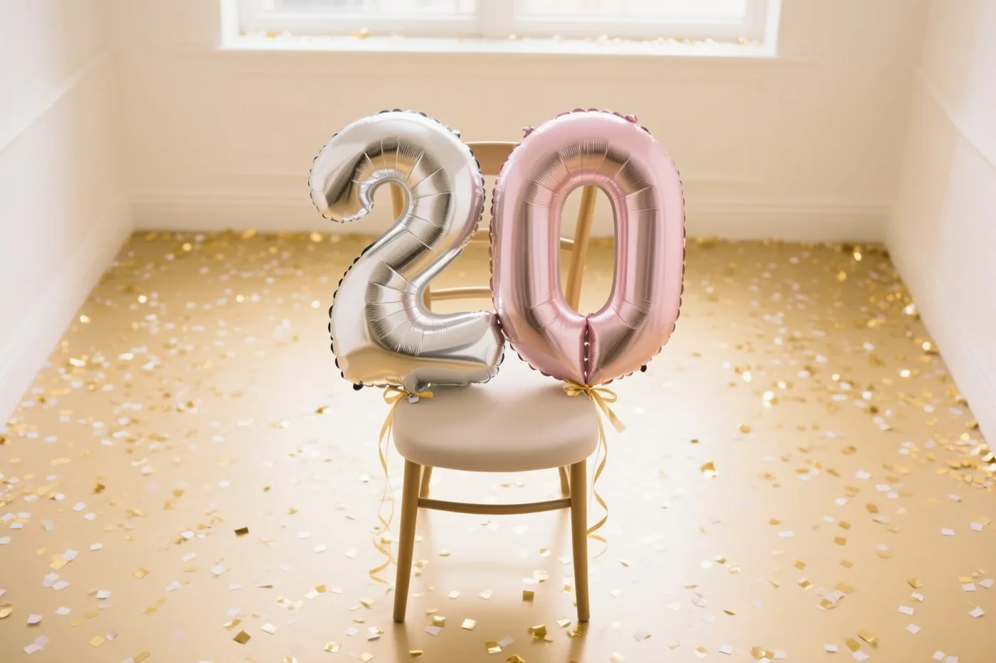 Twee grote folieballonnen vormen het getal 20 aan een stoel in een lichte, sober ingerichte kamer met gouden en witte confetti op de vloer.