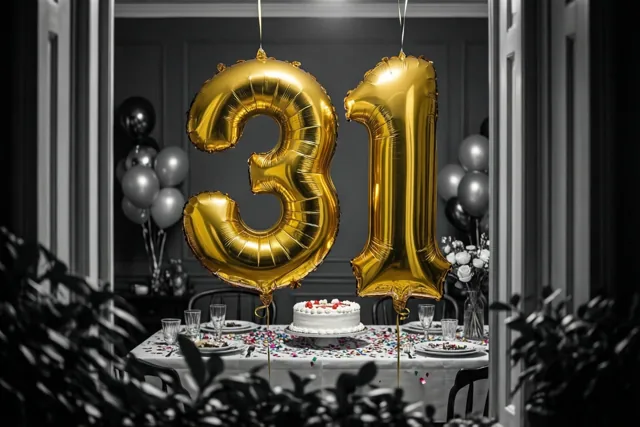 Door een deuropening zijn gouden cijferballonnen 3 en 1 te zien boven een tafel met taart en confetti in een schemerige kamer met zwart-witte inrichting.