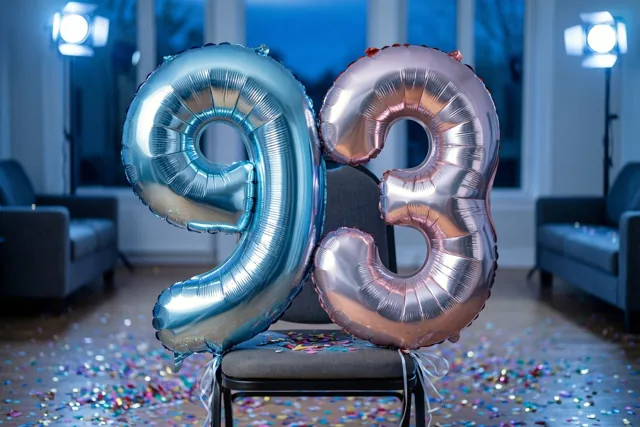 Twee grote folieballonnen in de vorm van een 9 en een 3 zijn vastgemaakt aan een stoel in een woonkamer met confetti, moderne meubels en koel blauw licht.