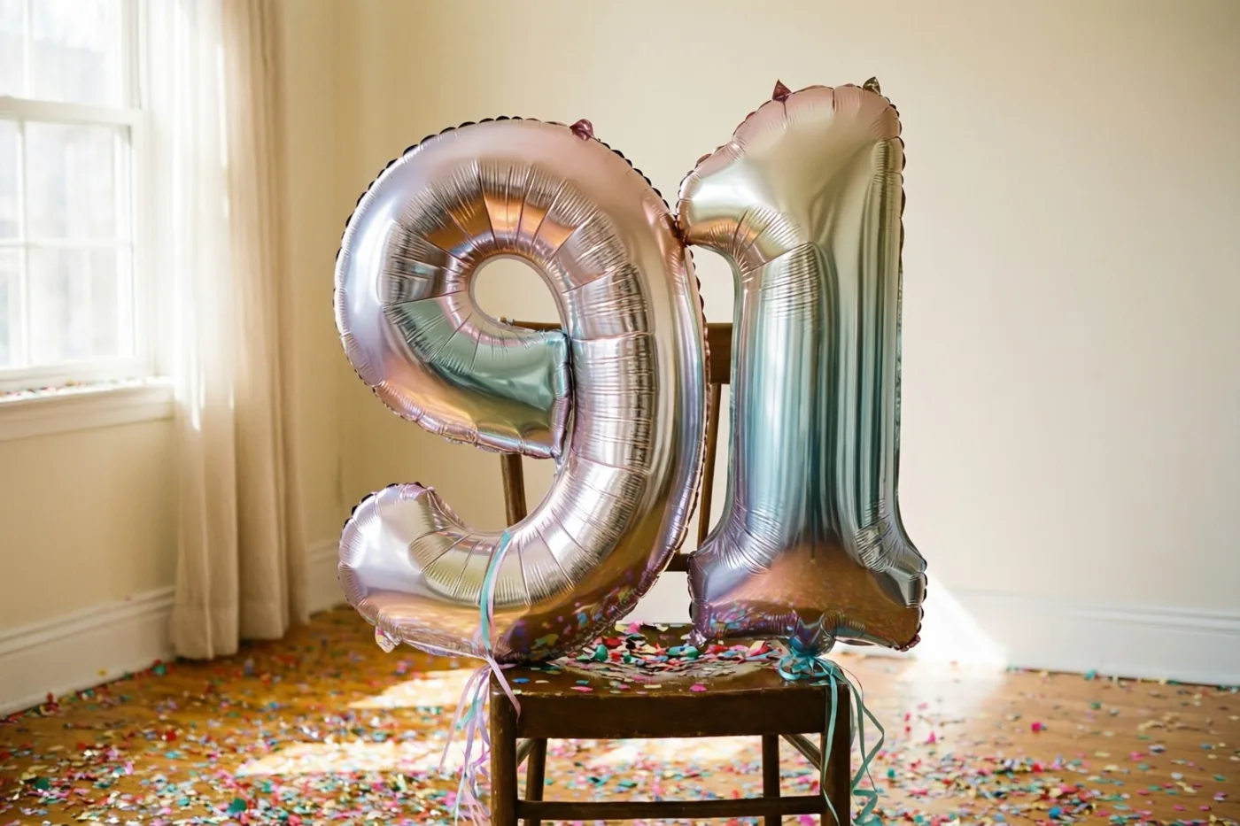 Zilveren en pastelkleurige cijferballonnen vormen 91 aan een houten stoel, met gekleurde confetti op de vloer en daglicht door een raam links.