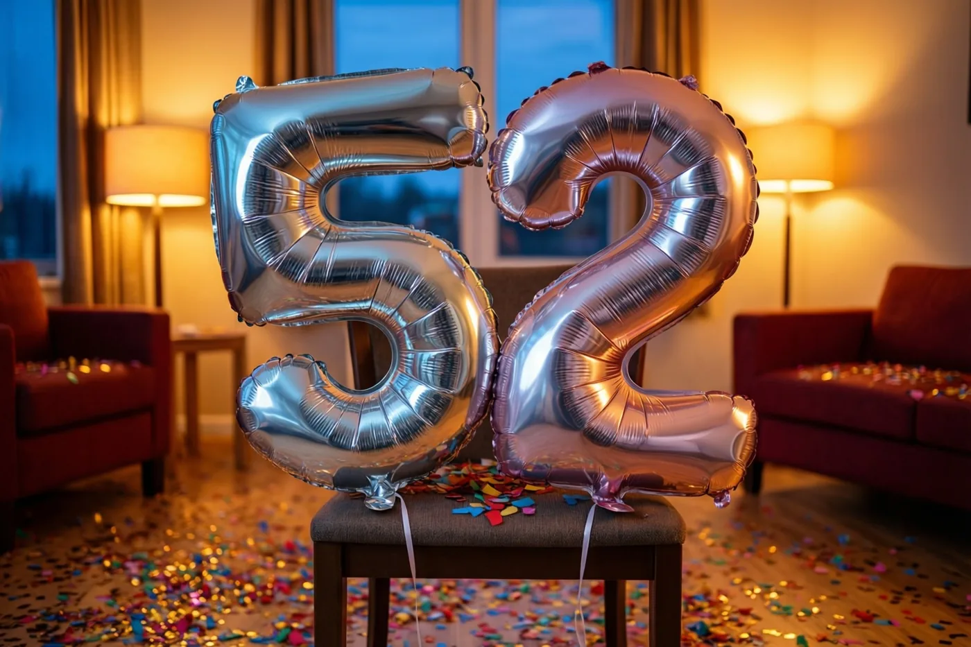 Metalen cijferballonnen vormen 52 aan een stoel in een warm verlichte woonkamer met confetti op de vloer, rode meubels en brandende lampen.