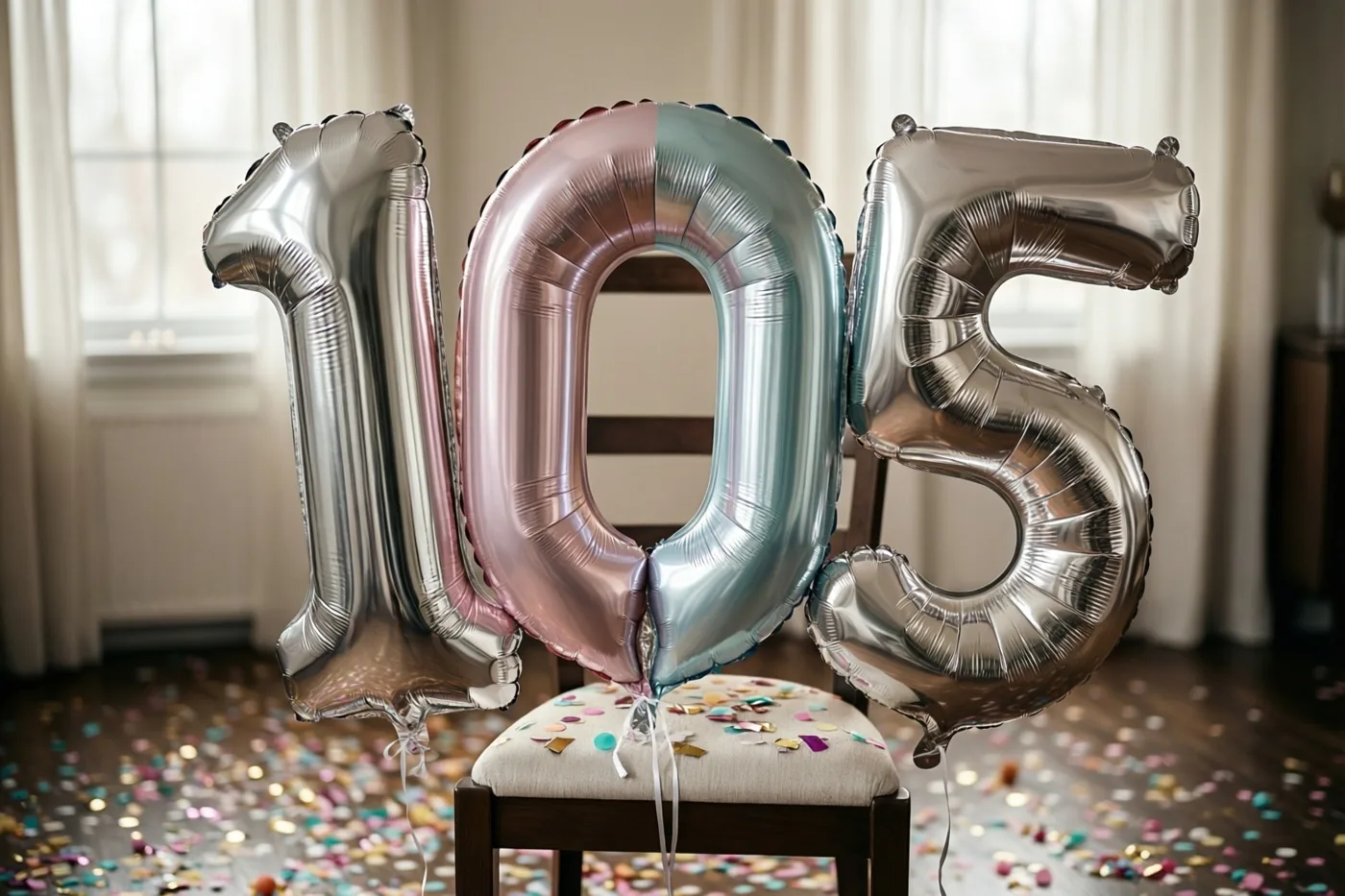 Drie grote folieballonnen in zilver, pastelroze en pastelblauw vormen samen 105 en zijn vastgebonden aan een stoel in een lichte kamer met confetti op de vloer.