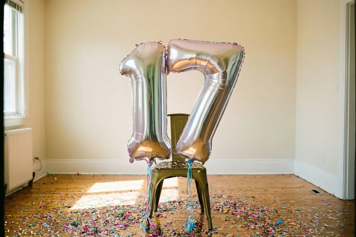 Twee grote cijferballonnen in zilver en pasteltinten vormen 17 aan een stoel in een lichte kamer met beige muren en confetti op een houten vloer.