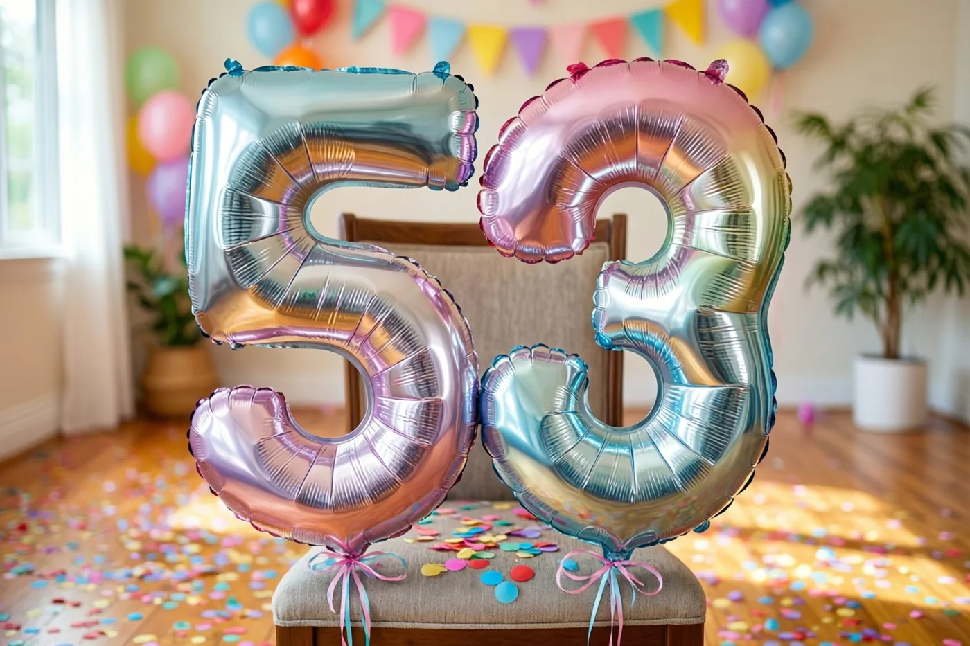 Twee grote metalen cijferballonnen vormen 53 aan een stoel in een lichte kamer met confetti op de vloer en extra ballonnen en een feestbanier op de achtergrond.
