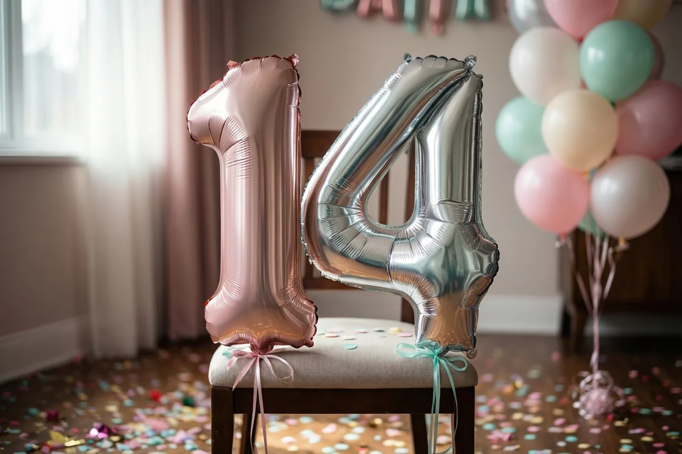Folieballonnen in de vorm van 1 en 4 zijn aan een stoel vastgemaakt in een lichte kamer, met kleurrijke confetti op de vloer en pastelballonnen achteraan.