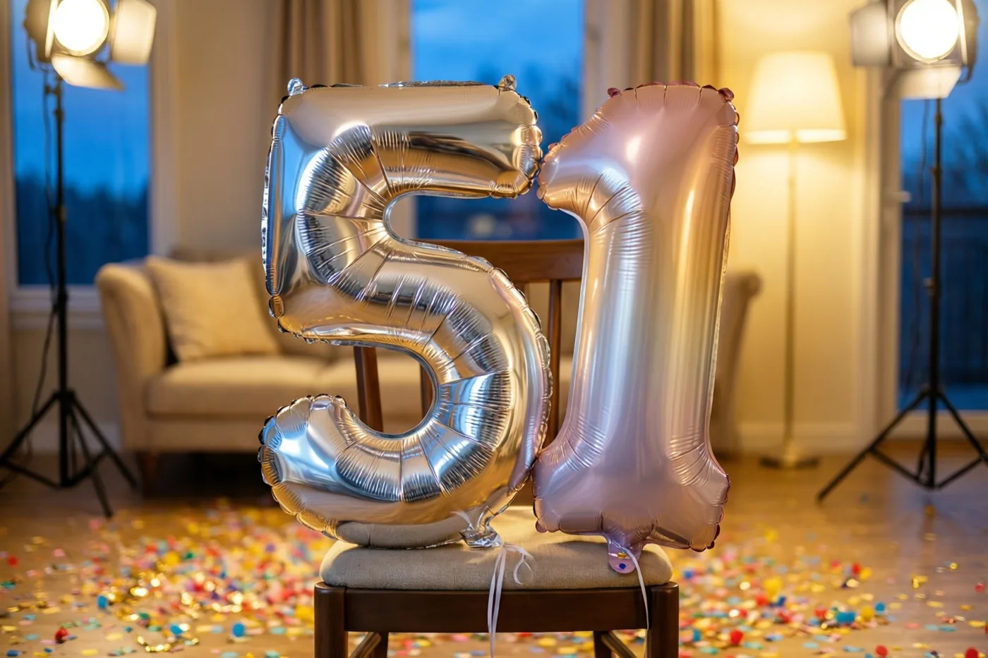 Grote folieballonnen 5 en 1 zijn vastgemaakt aan een stoel in een warm verlichte kamer met kleurrijke confetti op de vloer en studiolampen op de achtergrond.