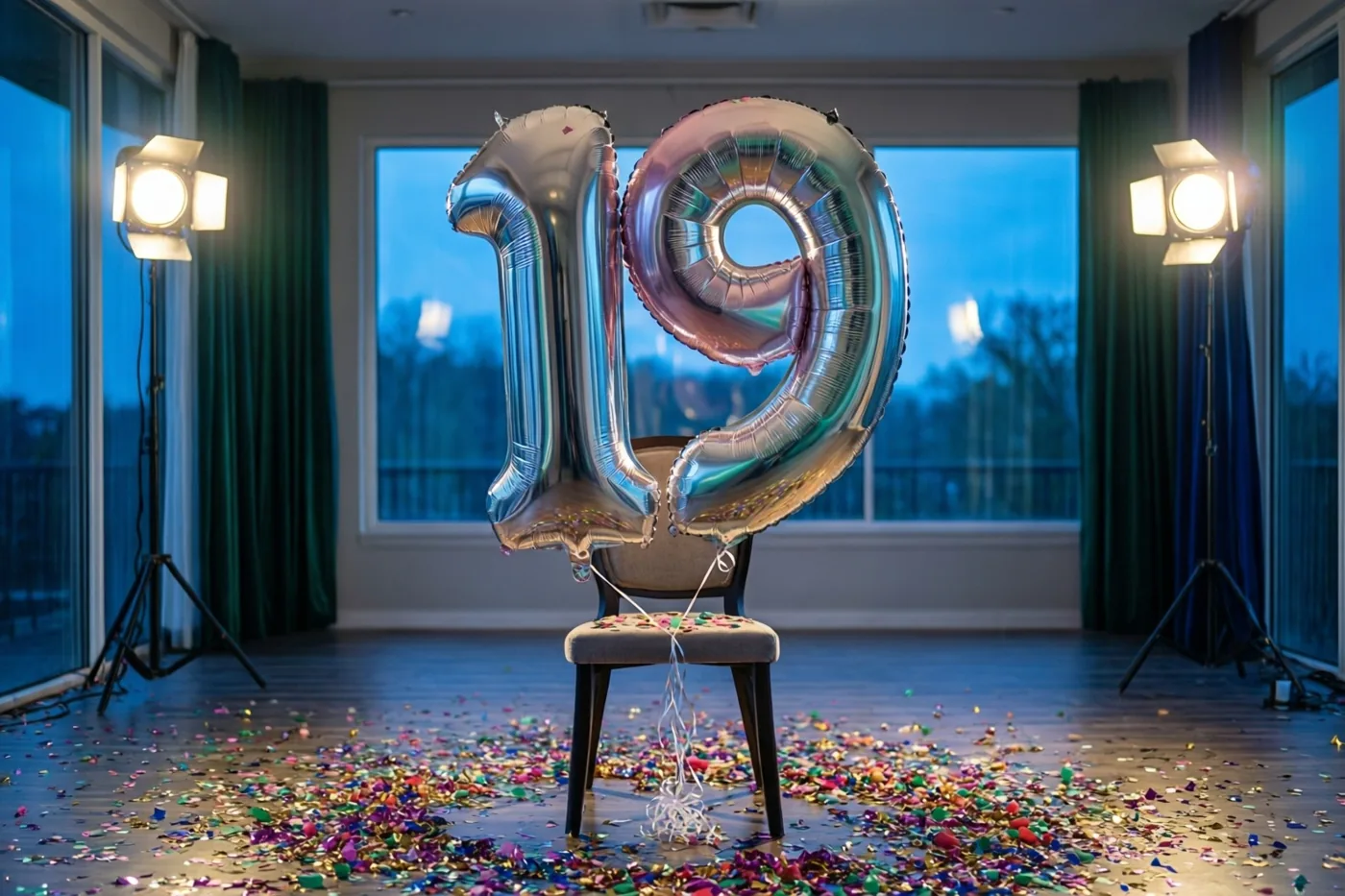 Zilveren en pastelkleurige cijferballonnen vormen 19 aan een stoel in een kamer met confetti op de vloer, studioverlichting en grote ramen met een blauwe avondlucht.