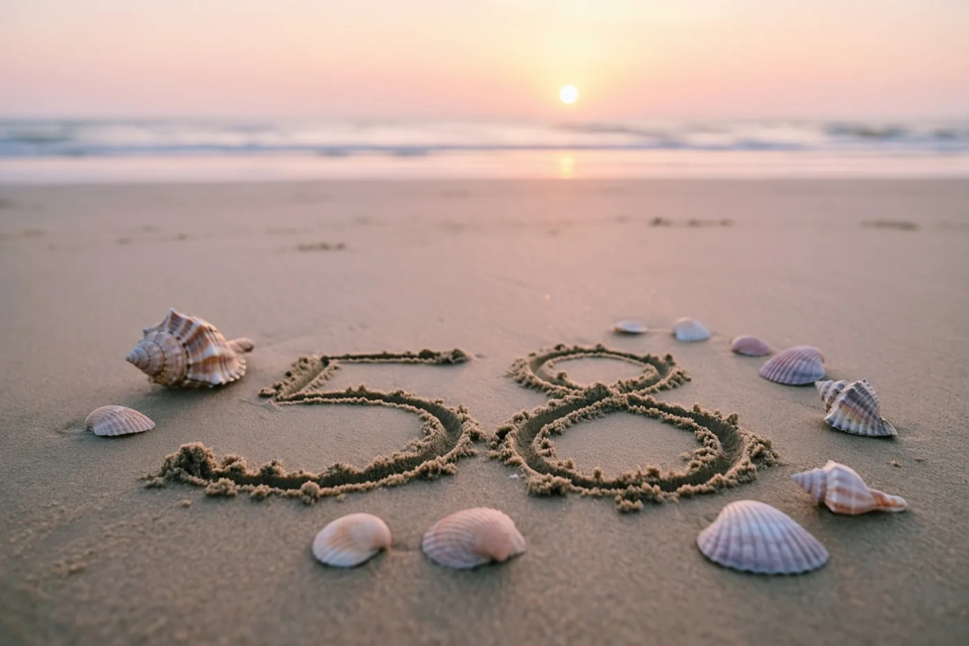 Het getal 58 is in strandzand getekend tussen schelpen bij een zonsondergang in warme roze en oranje tinten.