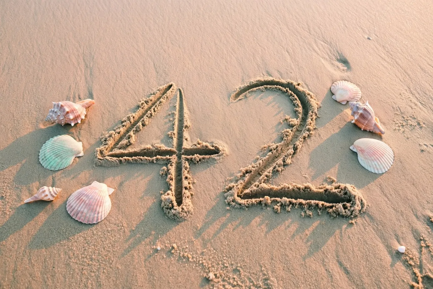 Het getal 42 is in het strandzand getekend tussen schelpen, in warm zonsonderganglicht met goudbruine, roze en blauwgroene tinten.
