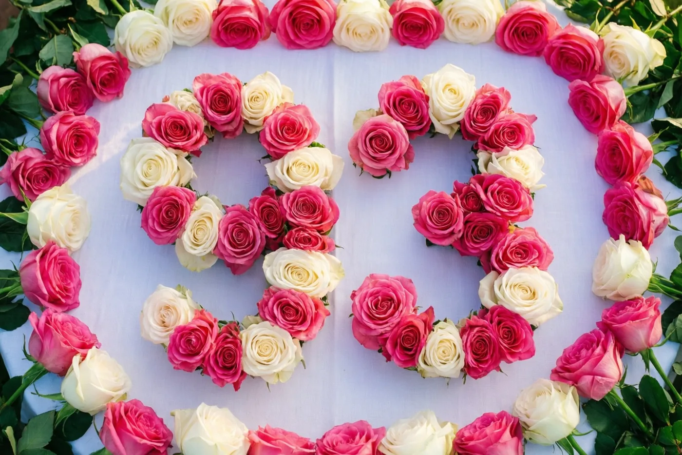Van bovenaf zijn roze en witte rozen te zien die het getal 93 vormen op een wit tafelkleed.