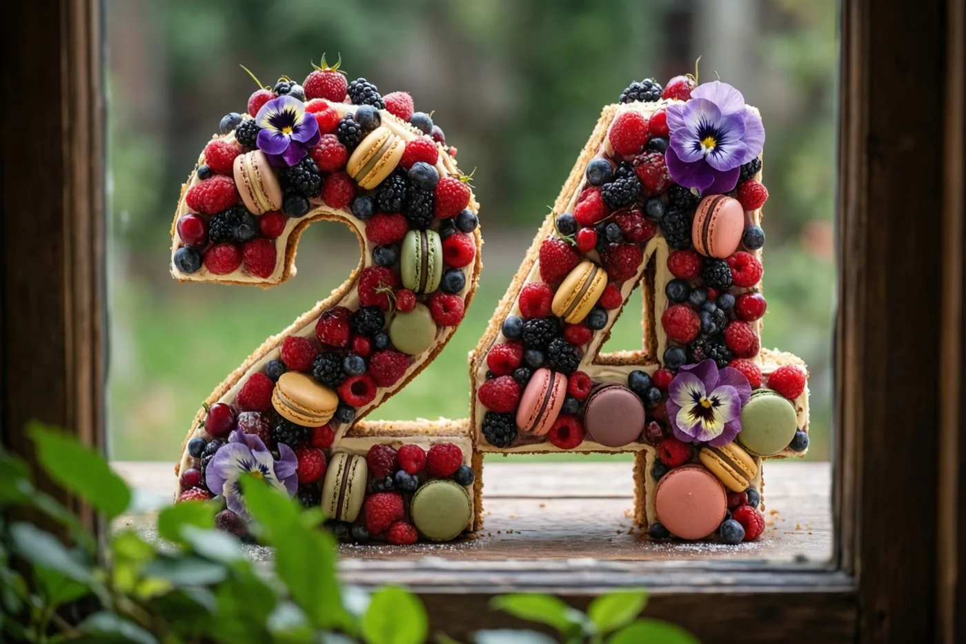 Een taart in de vorm van 24 met bessen, macarons en eetbare bloemen staat op een houten vensterbank, met groen voor en achter het houten raam.
