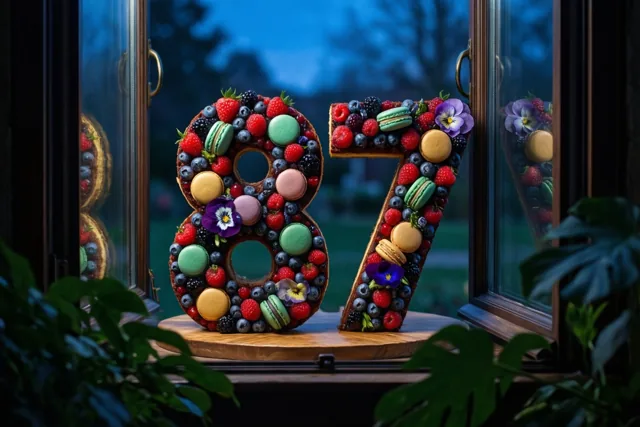 Een taart in de vorm van 87 met bessen, macarons en eetbare bloemen staat op een houten standaard bij een raam, met een blauwe avondachtergrond en groen op de voorgrond.