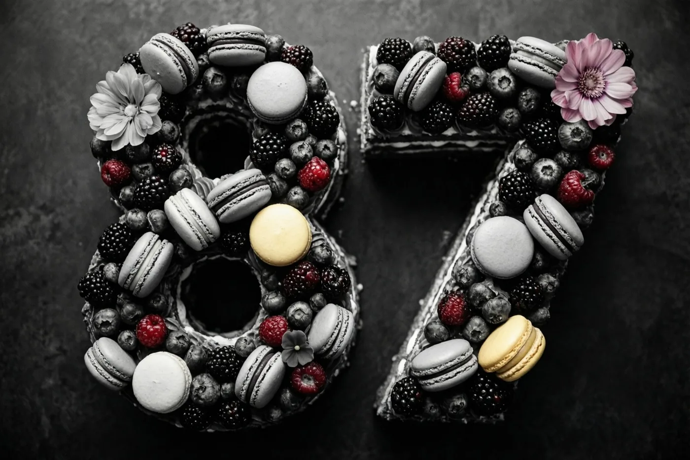 Een taart in de vorm van 87 ligt op een donker oppervlak en is versierd met bessen, macarons en eetbare bloemen, waarvan enkele bloemen en macarons in kleur opvallen in het verder monochrome beeld.