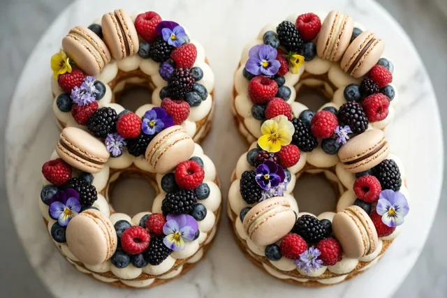 Twee taarten in de vorm van 88 liggen op wit marmer en zijn versierd met frambozen, bramen, blauwe bessen, macarons en eetbare bloemen.