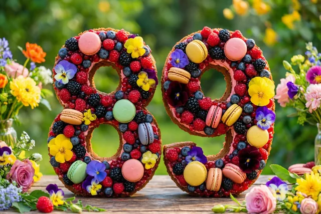 Twee taarten in de vorm van een 8 en een 9 staan op een houten buitentafel, versierd met bessen, macarons en eetbare bloemen, met groen en kleurrijke bloemen op de achtergrond.