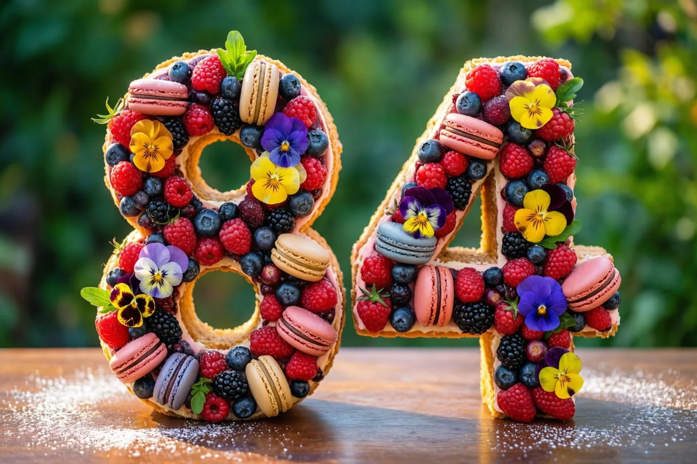 Een taart in de vorm van 84 met bessen, macarons en eetbare bloemen staat buiten op een houten oppervlak voor een onscherpe groene achtergrond.