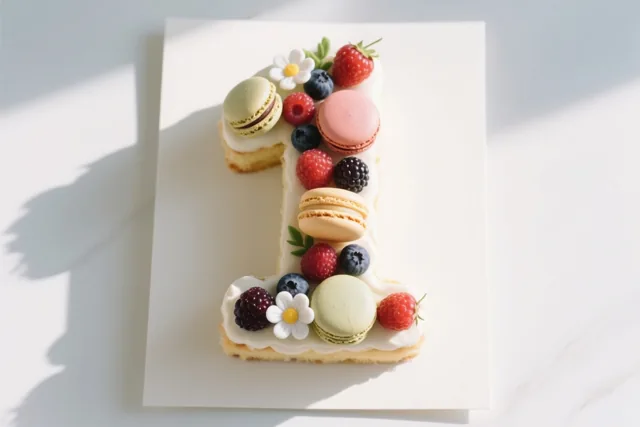 Een taart in de vorm van het cijfer 1 is versierd met bessen, macarons en eetbare bloemen op een witte ondergrond in fel zonlicht.