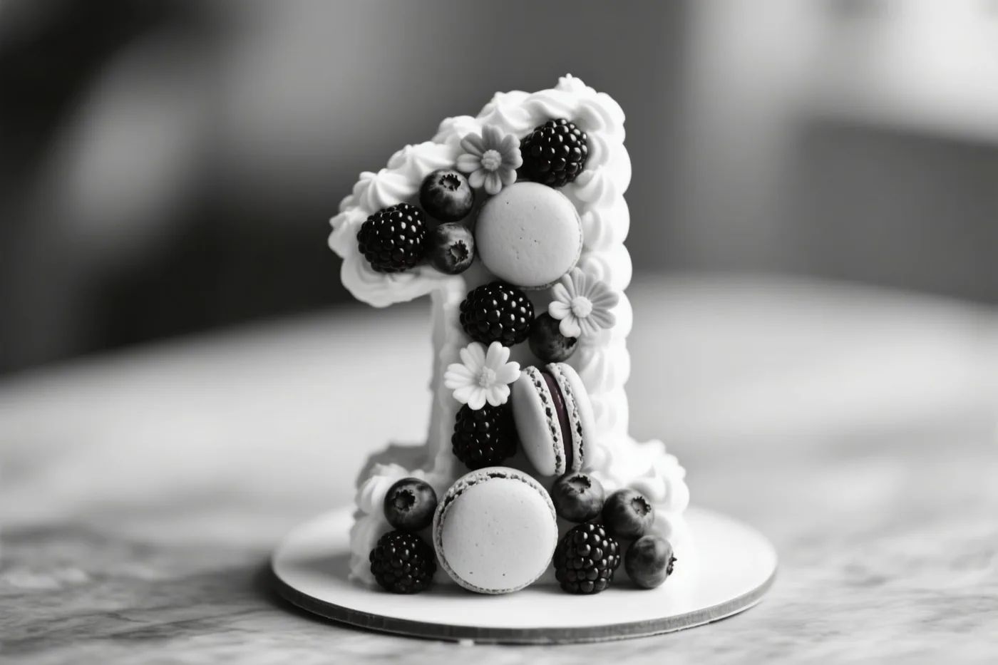 Een zwart-witfoto toont een taart in de vorm van het cijfer 1 met bessen, macarons en eetbare bloemen op een wit bord op een marmeren ondergrond.