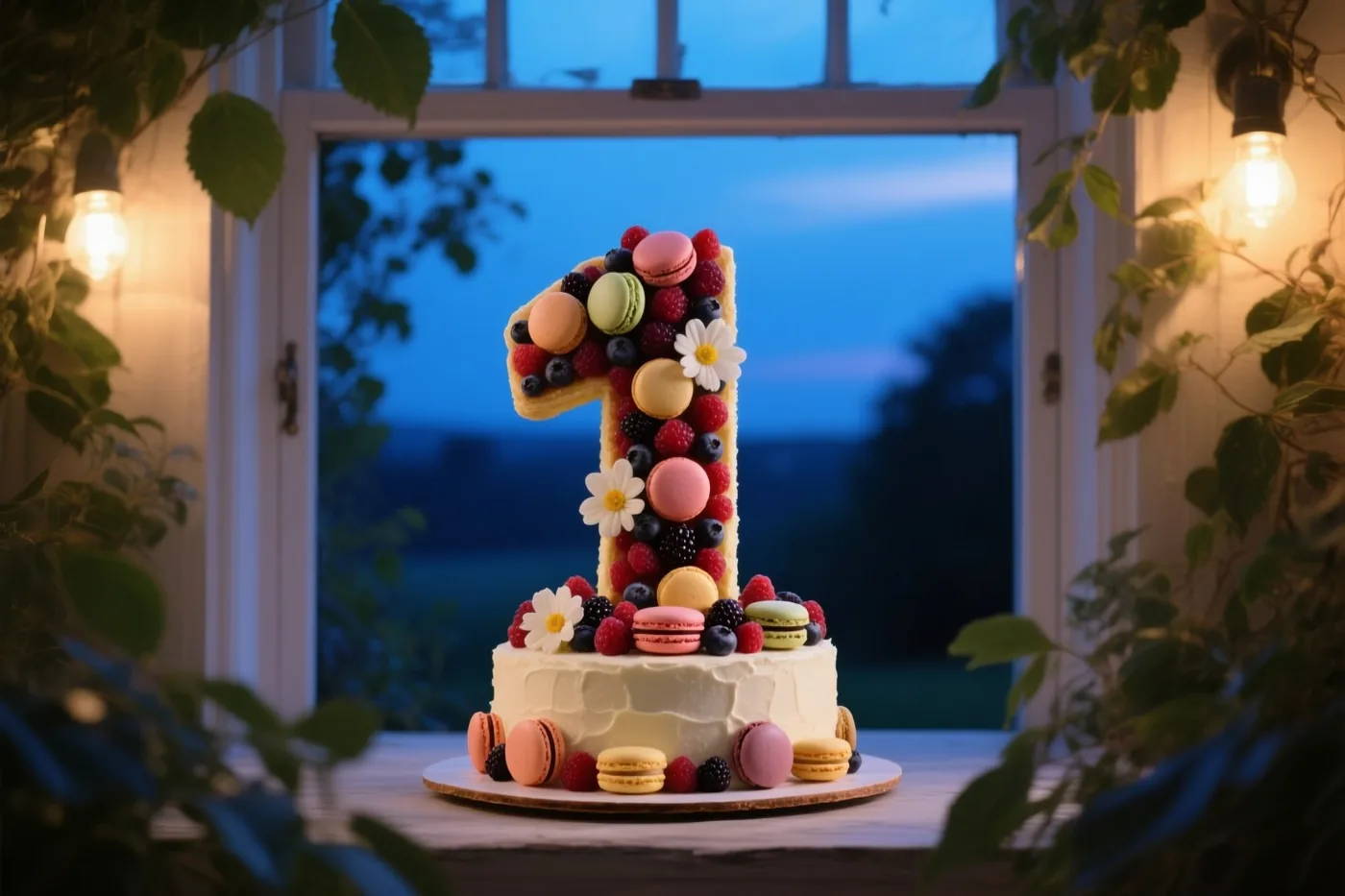 Een taart in de vorm van het cijfer 1 met bessen, macarons en eetbare bloemen staat bij schemering op een vensterbank tussen groene bladeren en warme lichtslingers.