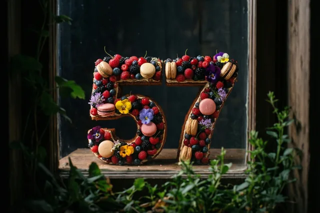 Een taart in de vorm van 57 met bessen, macarons en eetbare bloemen staat op een houten vensterbank, omlijst door een landelijk houten raam en groen tegen een donkere achtergrond.