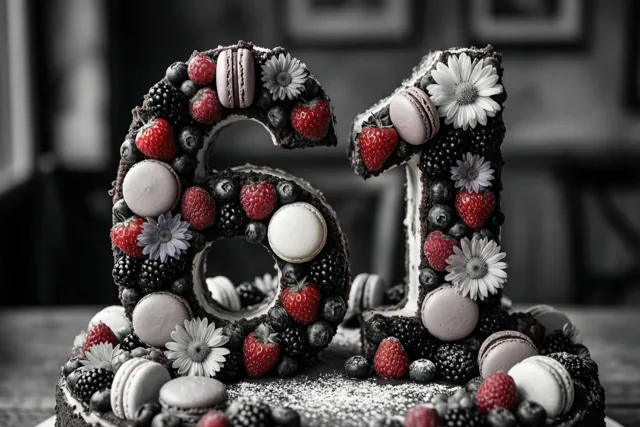 Een taart in de vorm van 61 met aardbeien, bramen, blauwe bessen, macarons en witte eetbare bloemen staat op een donkere ondergrond.