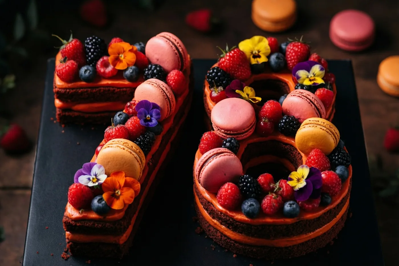Een taart in de vorm van 78 met bessen, macarons en eetbare bloemen staat op een donkere ondergrond.