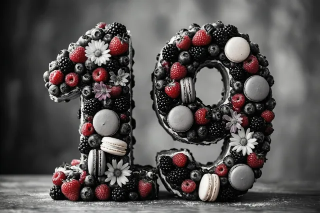 Een taart in de vorm van 19 is versierd met bessen, macarons en eetbare bloemen, tegen een onscherpe achtergrond in zwart, wit en rood.