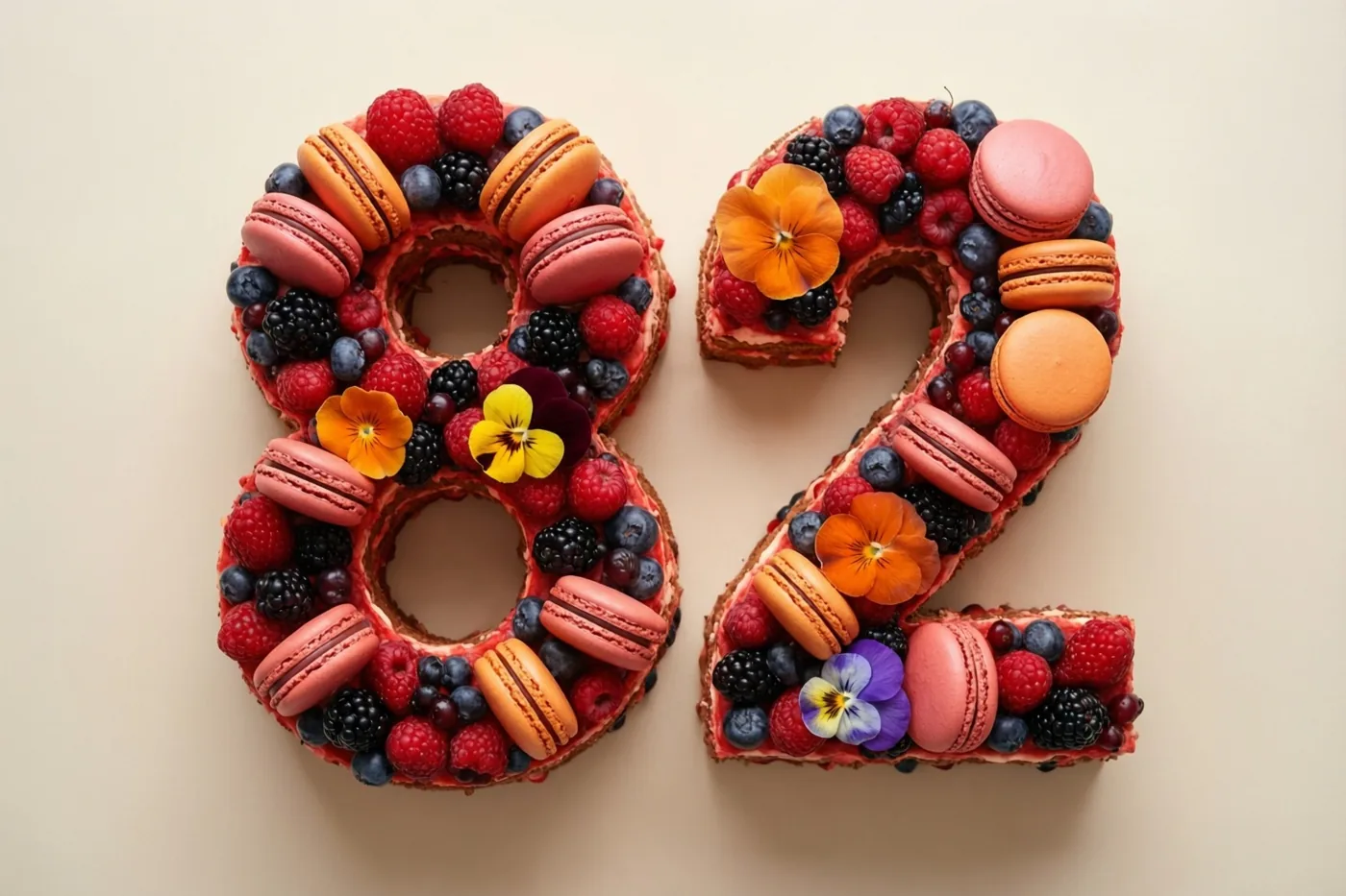 Een taart in de vorm van 82 is versierd met bessen, macarons en eetbare bloemen tegen een effen beige achtergrond.