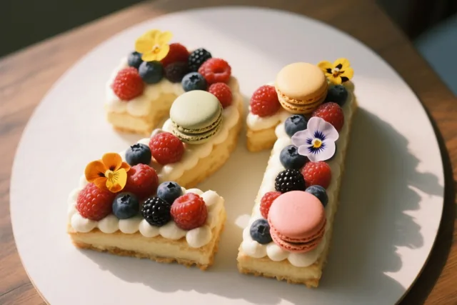 Een cijfertaart in de vorm van 21 met frambozen, blauwe bessen, bramen, macarons en eetbare bloemen ligt op een wit bord op een houten tafel.