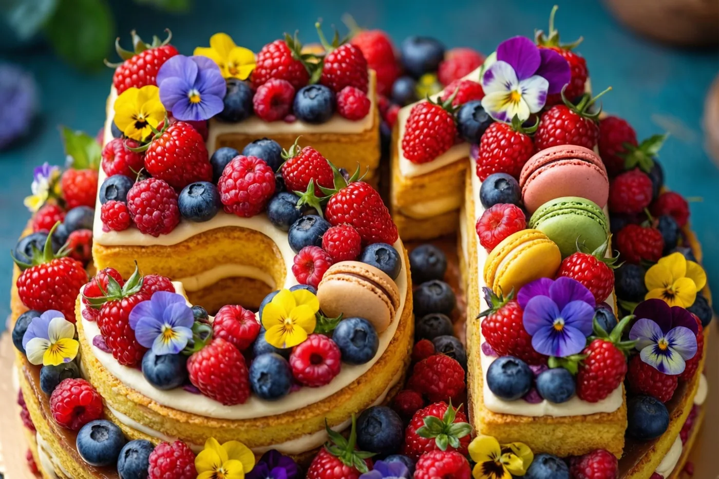 Een taart in de vorm van 51 met frambozen, blauwe bessen, macarons en eetbare bloemen staat op een blauwgroene ondergrond, met delen van het beeld onscherp.