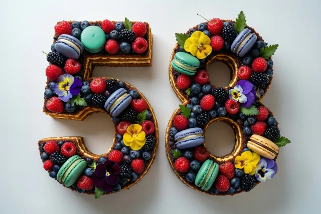 Een taart in de vorm van 58 is versierd met frambozen, blauwe bessen, bramen, macarons en eetbare bloemen tegen een witte achtergrond.