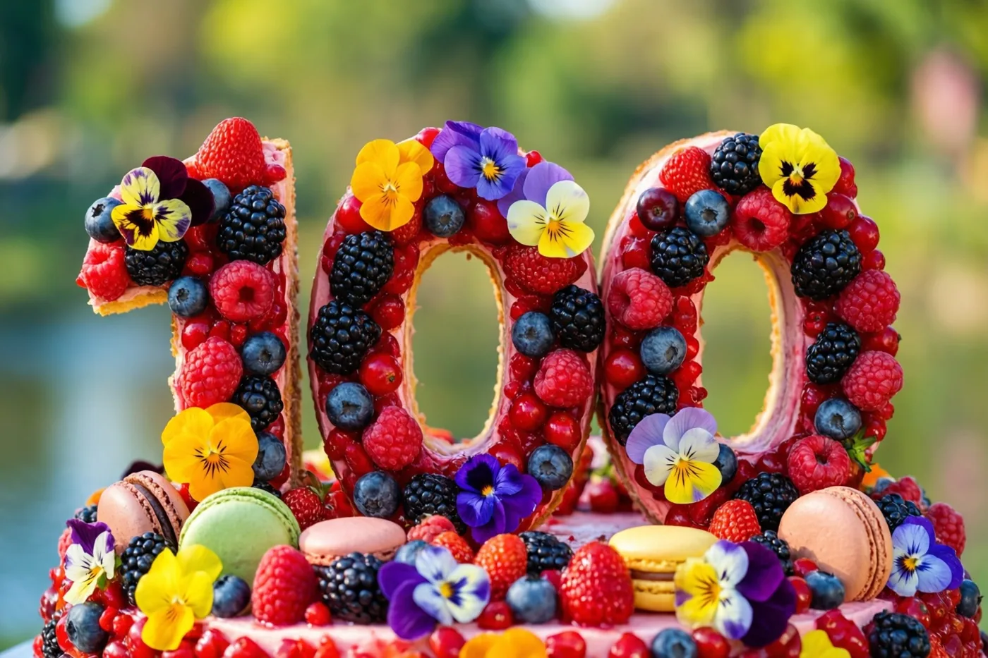Een taart in de vorm van 100 is versierd met frambozen, bramen, blauwe bessen, macarons en eetbare bloemen, met een onscherpe groene buitenachtergrond.