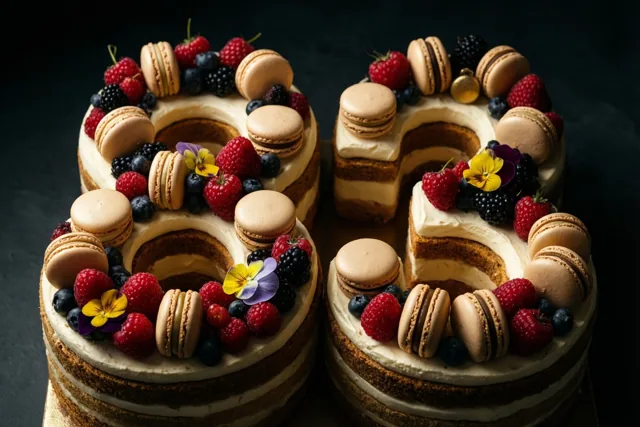 Een taart in de vorm van 83 is versierd met frambozen, bramen, blauwe bessen, pastelkleurige macarons en eetbare bloemen tegen een donkere achtergrond.