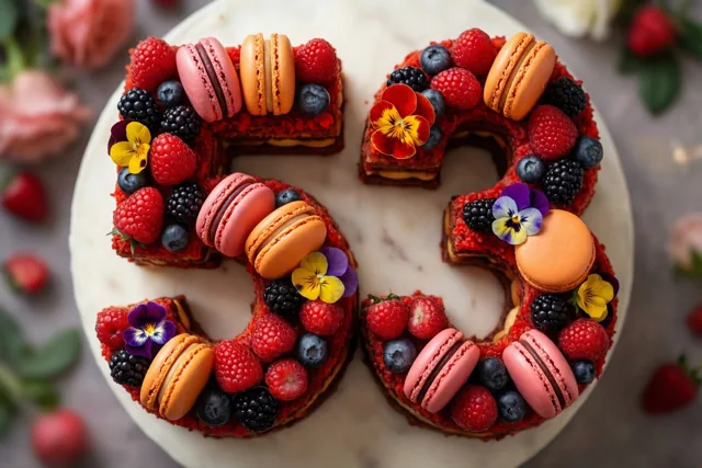 Een taart in de vorm van 53 met frambozen, bramen, blauwe bessen, macarons en eetbare bloemen staat op wit marmer.