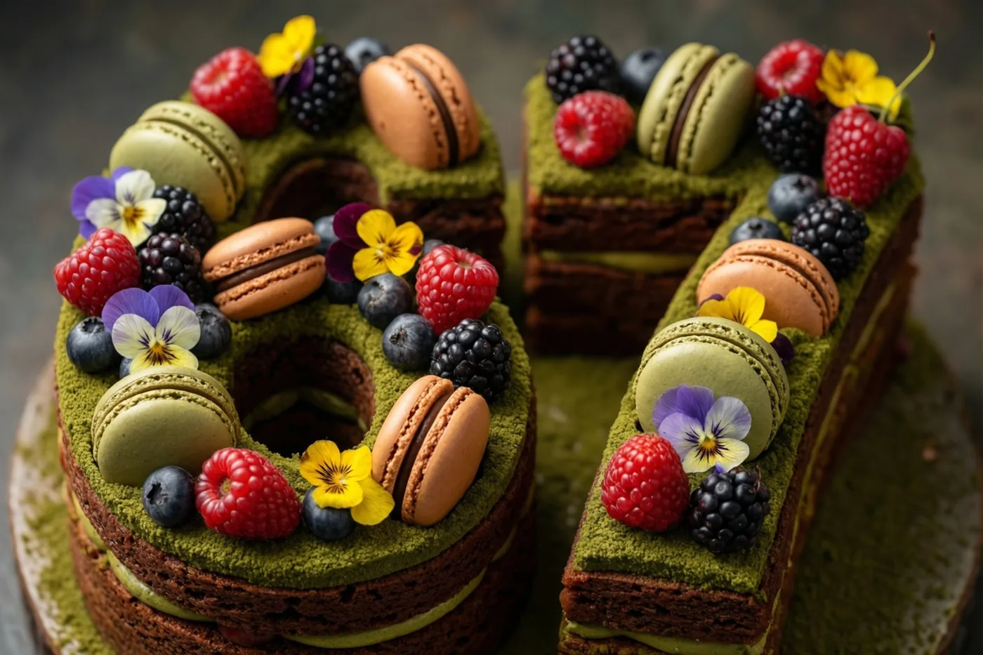 Een taart in de vorm van 67 met groen matchaglazuur, frambozen, bramen, blauwe bessen, macarons en eetbare bloemen staat op een donkere ondergrond met een onscherpe achtergrond.