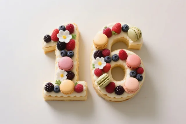 Een taart in de vorm van 16, versierd met bessen, macarons en eetbare bloemen, staat op een effen wit oppervlak.