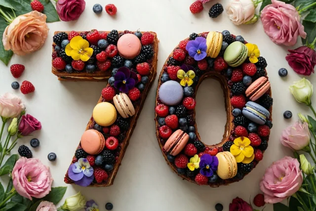 Van bovenaf zijn twee taartdelen in de vorm van 70 te zien, versierd met bessen, macarons en eetbare bloemen en omringd door rozen en andere bloemen op een lichte ondergrond.