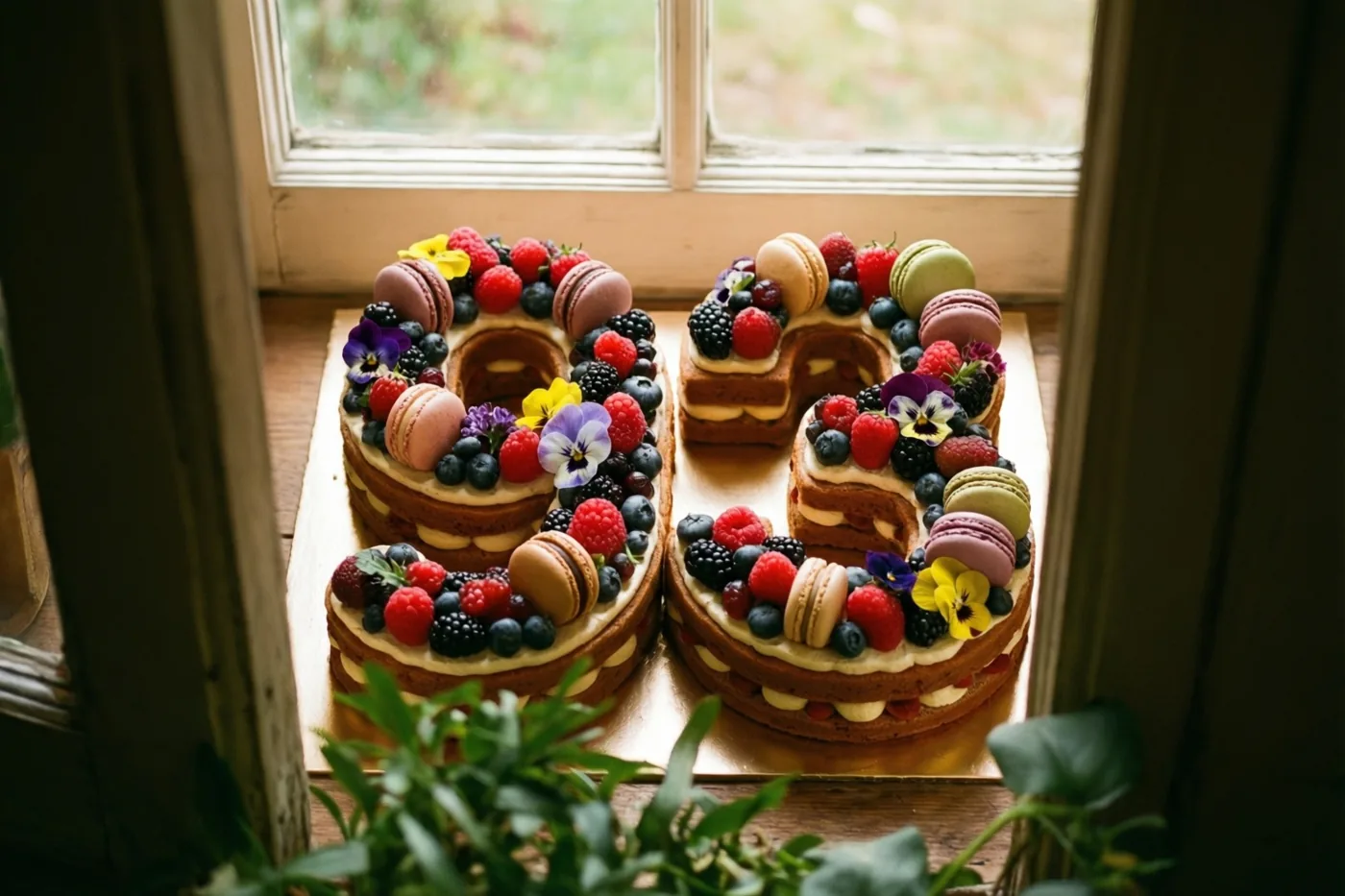 Twee taarten in de vorm van een 9 en een 3 staan met bessen, macarons en eetbare bloemen op een vensterbank in natuurlijk licht, met groen op de voorgrond.