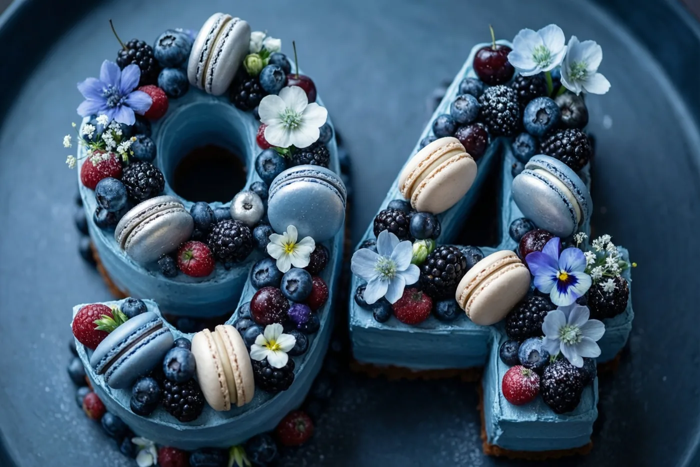 Een cijfertaart in de vorm van 94 met bessen, macarons en eetbare bloemen ligt op een donkerblauw bord.