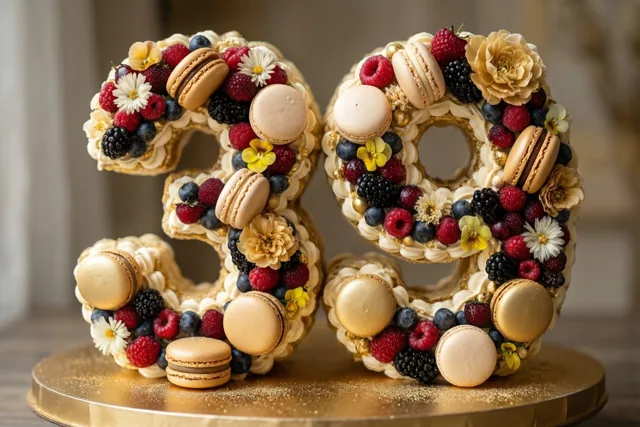 Een taart in de vorm van 39 met bessen, macarons en eetbare bloemen staat op een gouden taartstandaard tegen een lichte, onscherpe achtergrond.