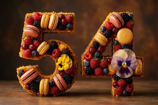 Een taart in de vorm van 54 ligt op een houten oppervlak tegen een warmbruine achtergrond, versierd met bessen, macarons en eetbare bloemen.